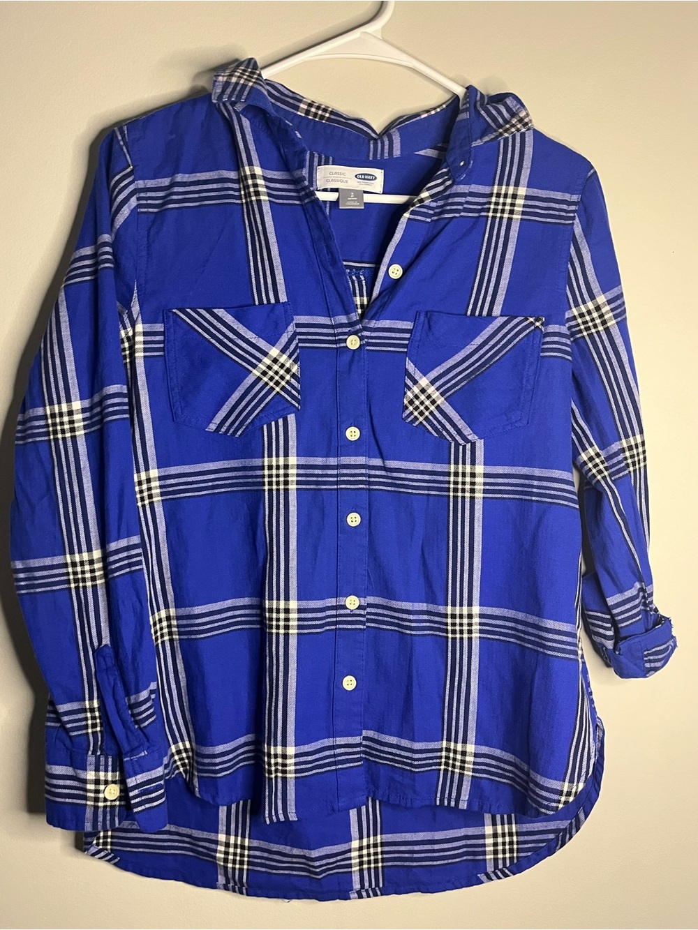 Old navy women’s Blue Plaid Hooded Button-Front Shirt small petite